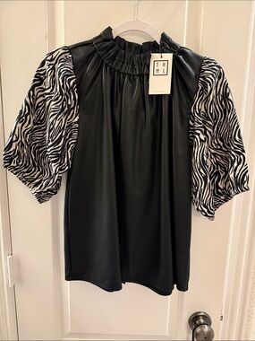 THML Black Faux-Leather Blouse with Zebra Puff Sleeves